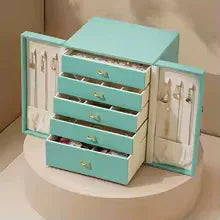 Large Faux Leather Jewelry Box with Multiple Drawers