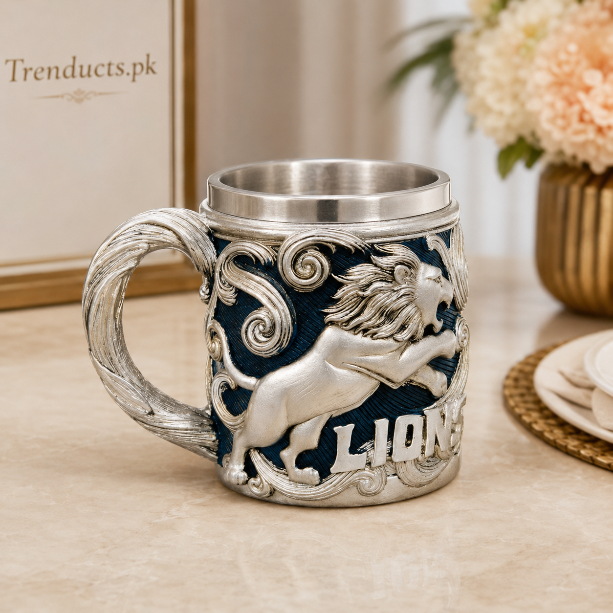 400ml Lion Metal Mug with Embossed Design