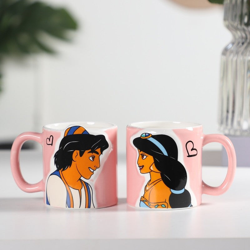 Disney Aladdin & Jasmine Couple Mug Set – 2-Piece 3D Embossed Ceramic Mugs for Couples (350ml)
