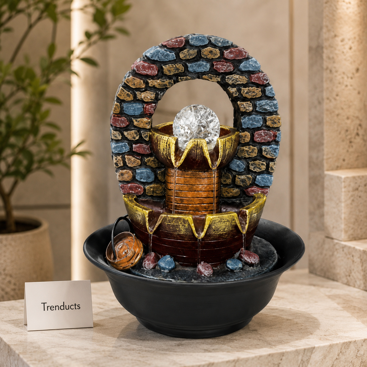 Lotus Pot & Pebble Arch Tabletop Fountain