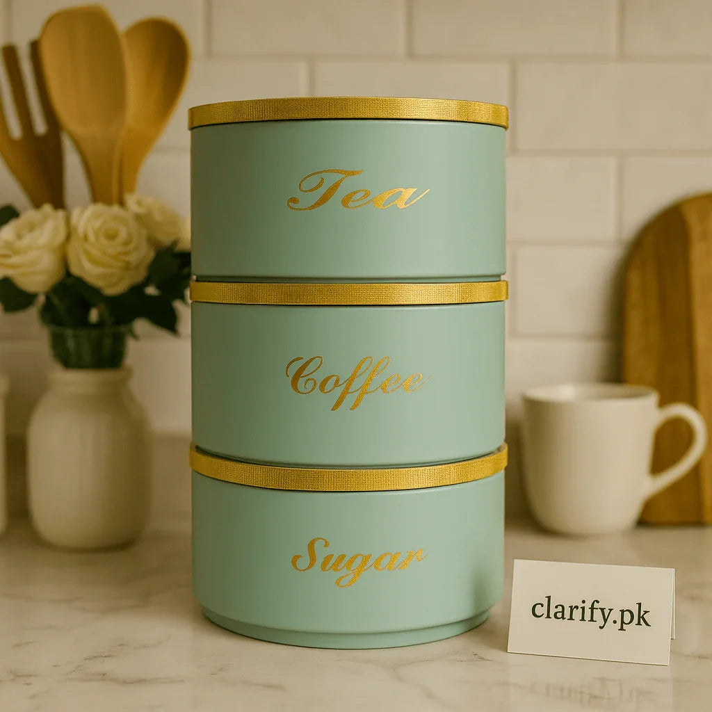 Luxury 3-Piece Round Tin Canister Set – Tea, Sugar & Coffee Storage - Clarify.pk