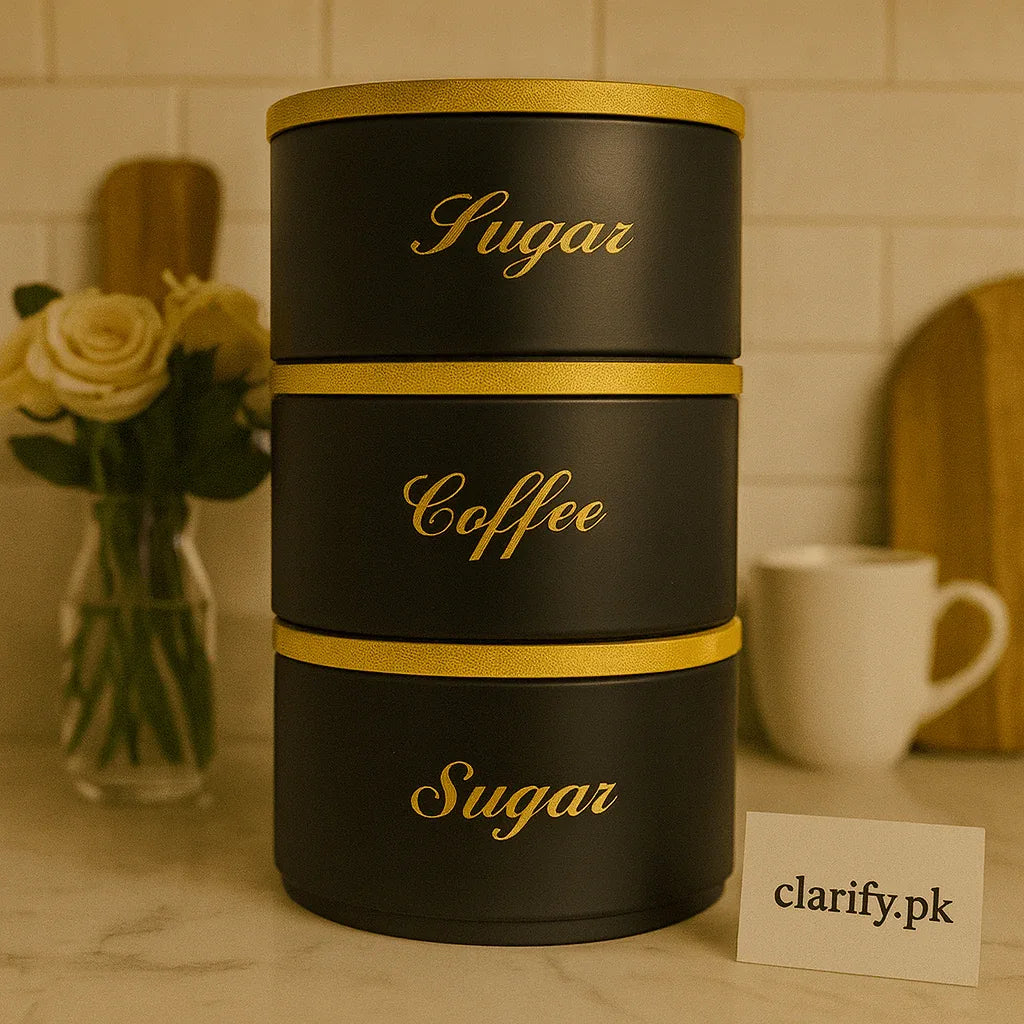 Luxury 3-Piece Round Tin Canister Set – Tea, Sugar & Coffee Storage - Clarify.pk