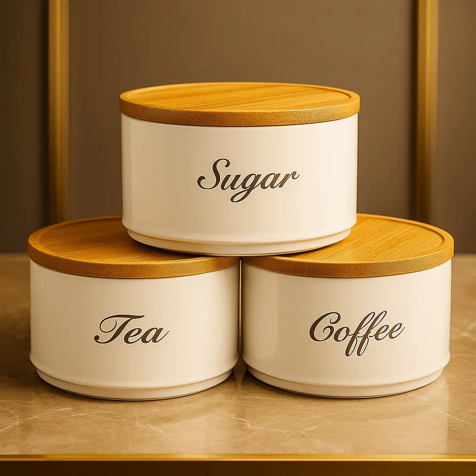 Luxury 3-Piece Round Tin Canister Set – Tea, Sugar & Coffee Storage - Clarify.pk