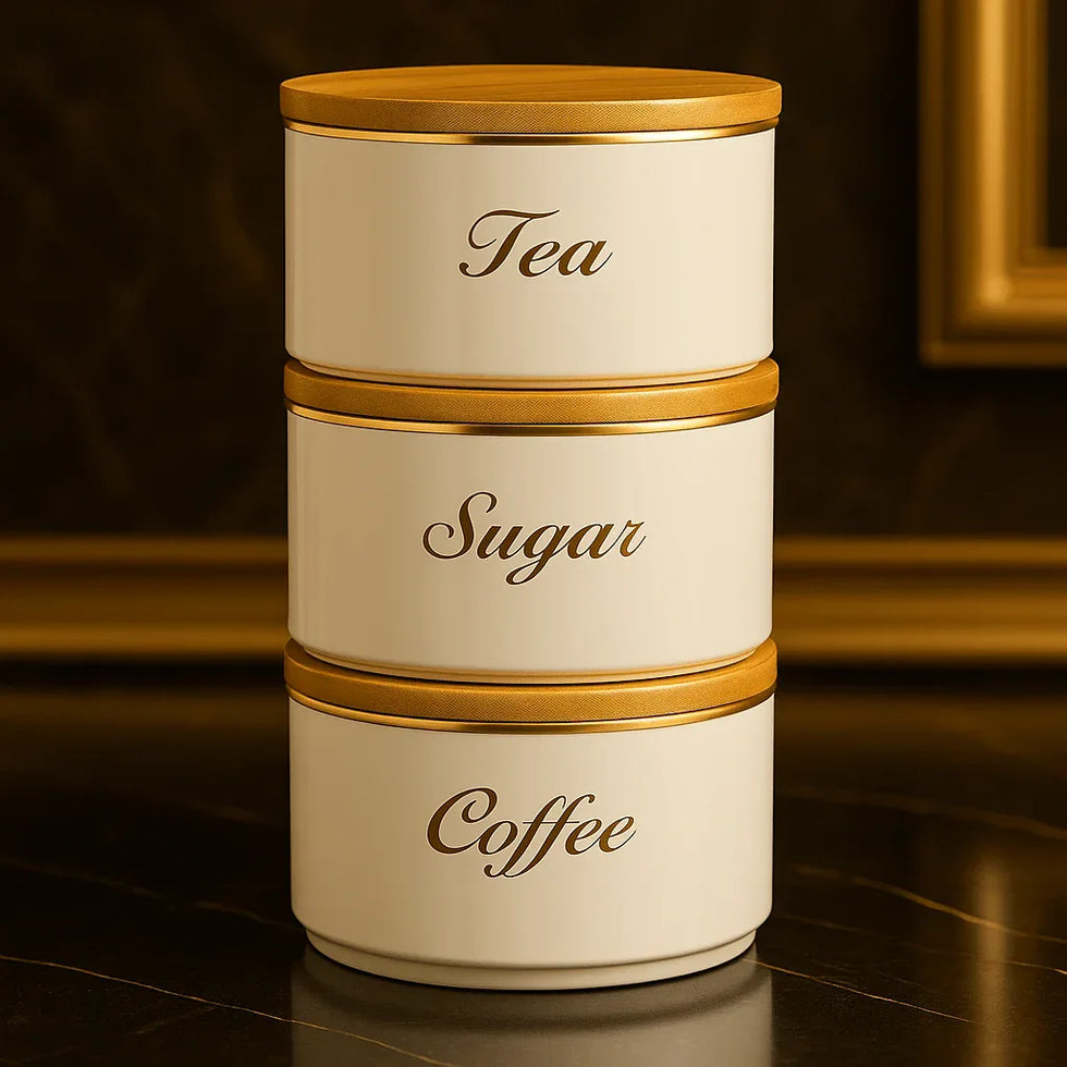 Luxury 3-Piece Round Tin Canister Set – Tea, Sugar & Coffee Storage - Clarify.pk