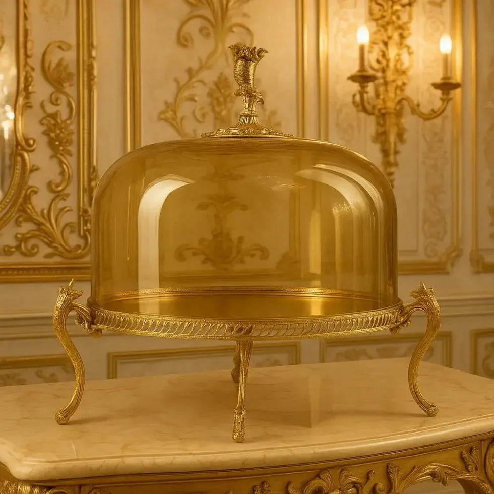 Amber Glass Cake Cloche with Gold Stand