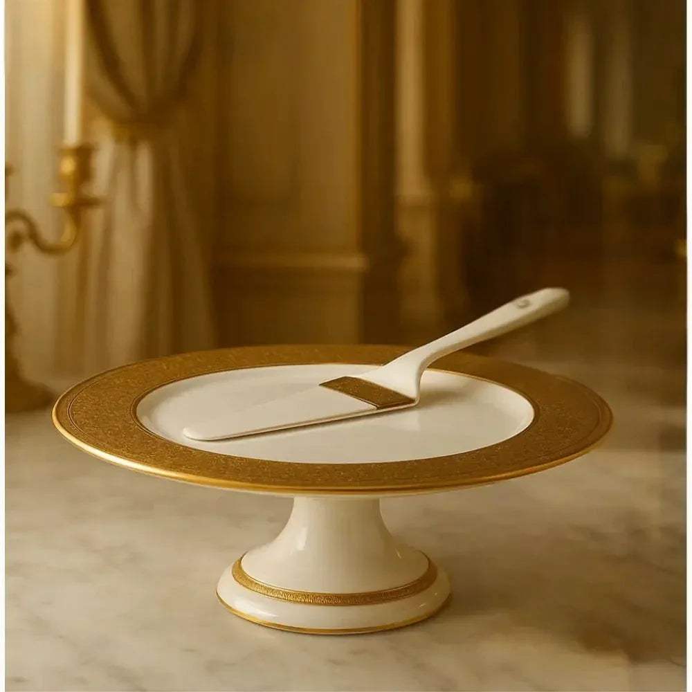 Luxury Cake Stand with Server - Elegant Gold Trim - Clarify.pk