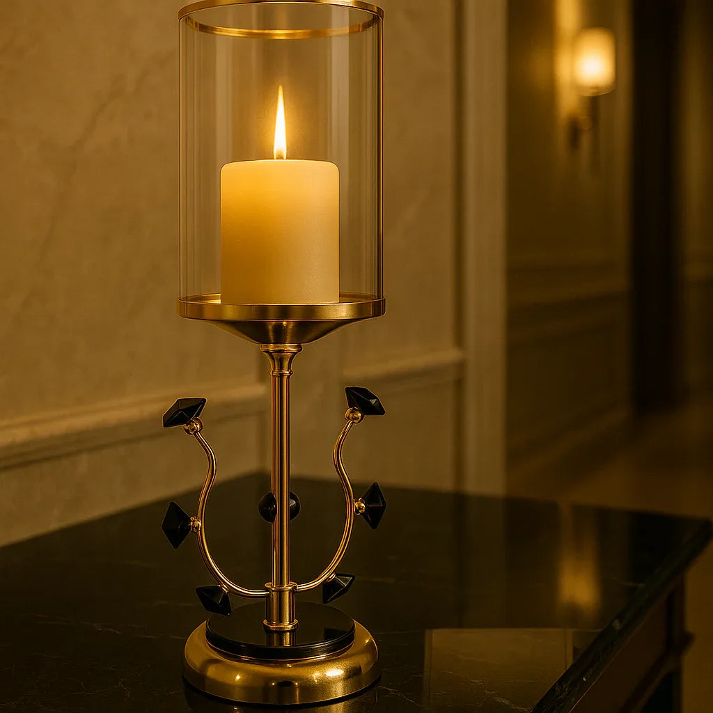Luxury Candle Stand Gold Black with Glass Cover - Clarify.pk