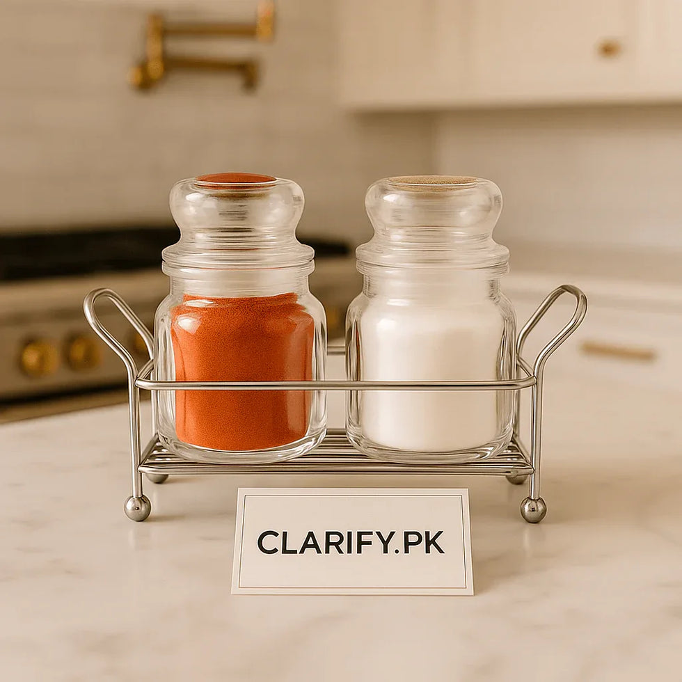 Luxury Glass Spice Jar Set with Elegant Metal Holder – Salt & Pepper Shakers