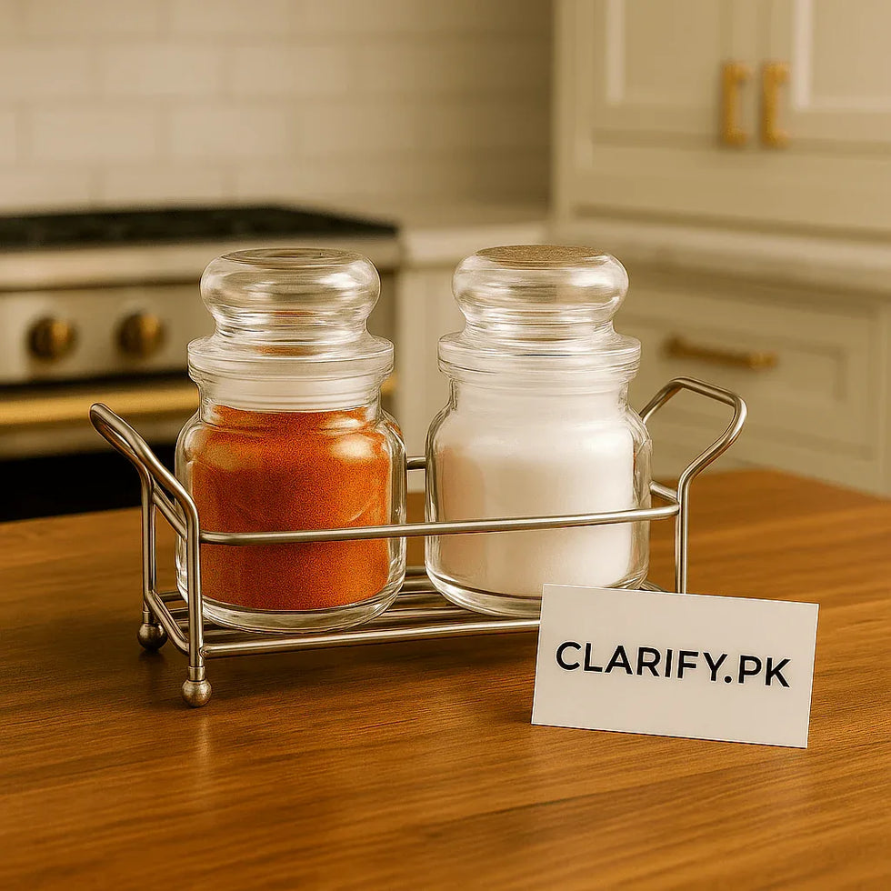 Luxury Glass Spice Jar Set with Elegant Metal Holder – Salt & Pepper Shakers