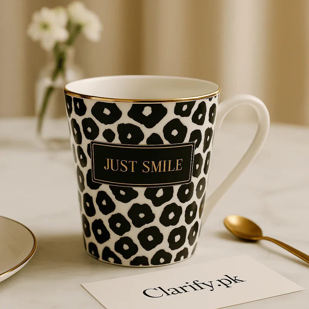 Luxury Leopard Print Ceramic Mug – “Just Smile” Gold Accent - Clarify.pk