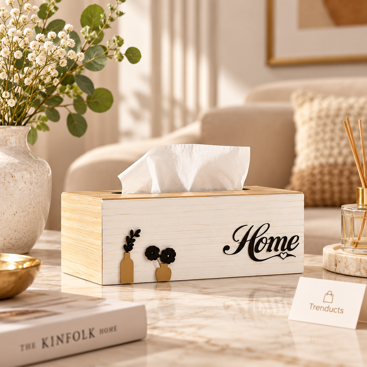 Wooden HOME Tissue Box with Decorative Front
