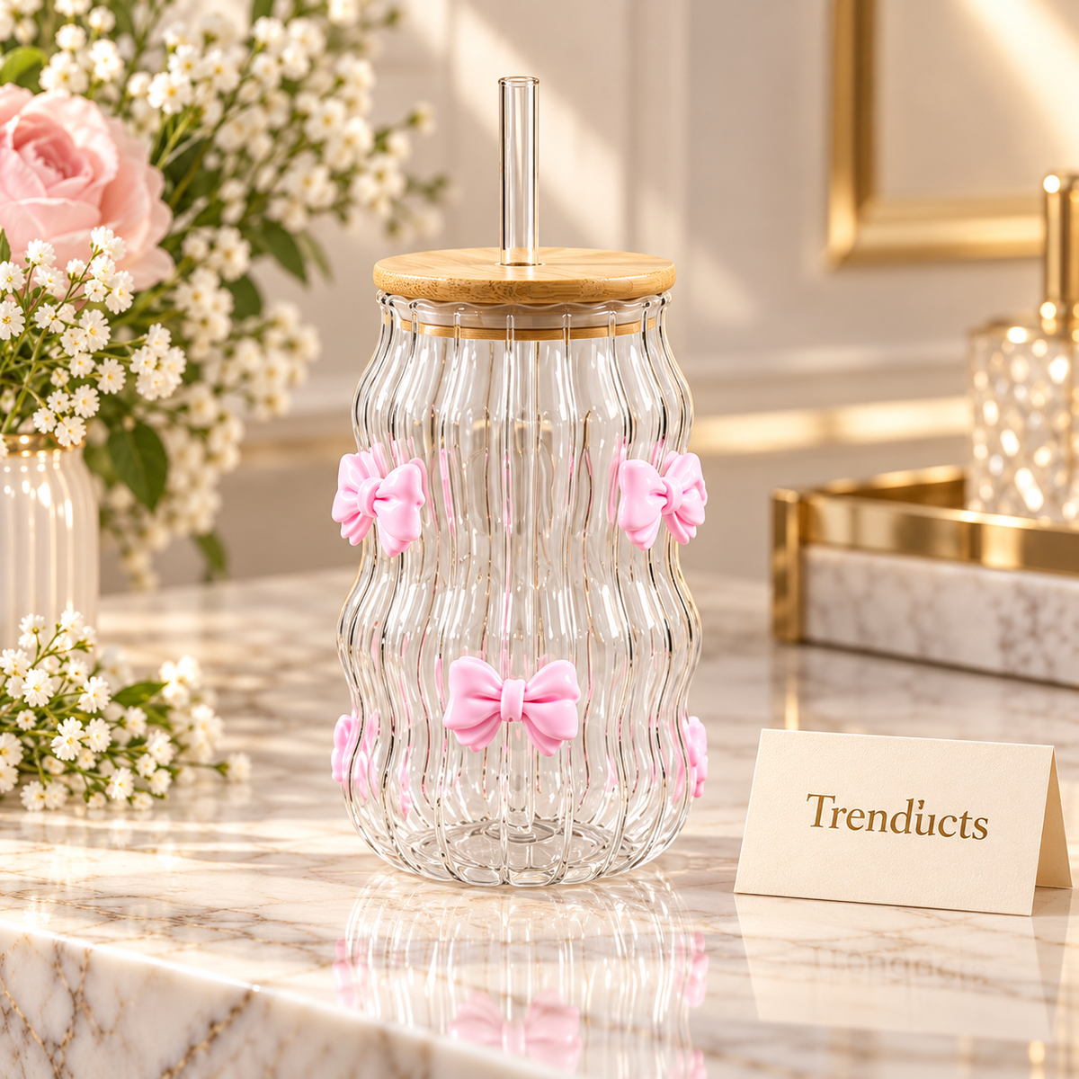 420ml 3D Cute Bow Glass Sipper with Bamboo Lid