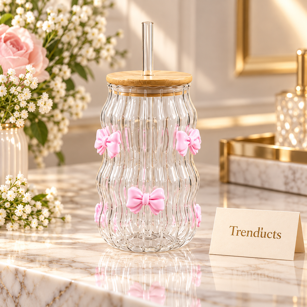 420ml 3D Cute Bow Glass Sipper with Bamboo Lid