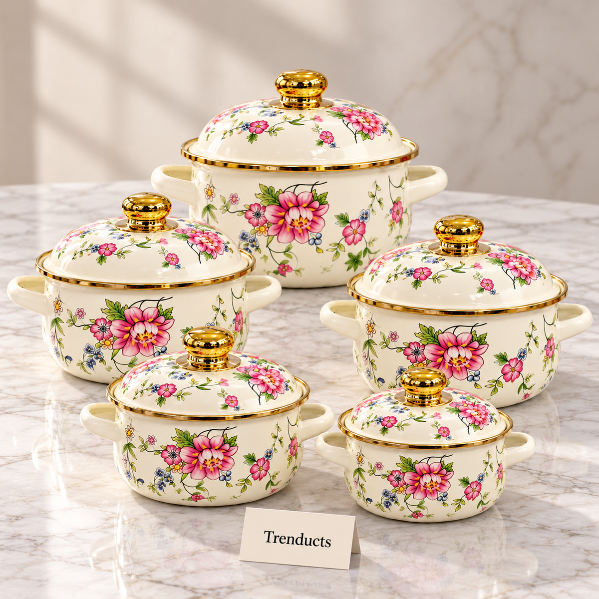 Enamel Casserole Set 5 Pcs - Pink Floral Gold Rim
