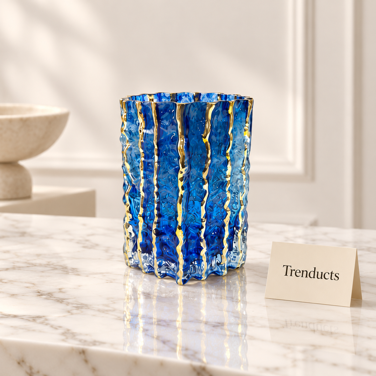 Luxury Blue Textured Glass Vase with Gold-Edged Ribs - Without Flowers