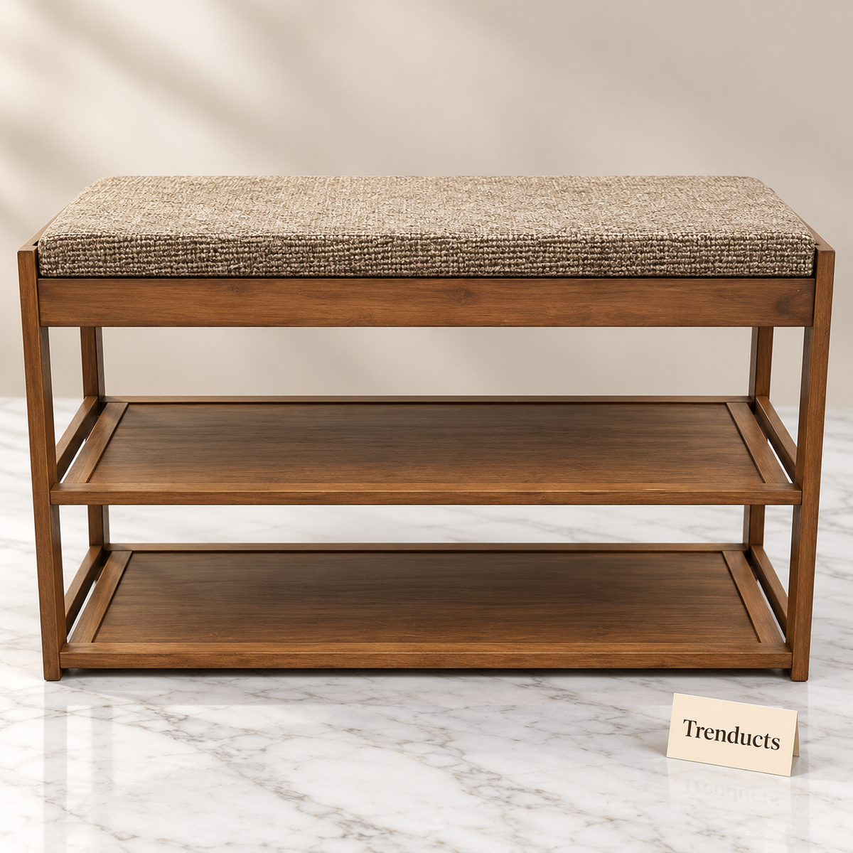 Two Shelf Bench - Dark Wood Style with Beige Cushion