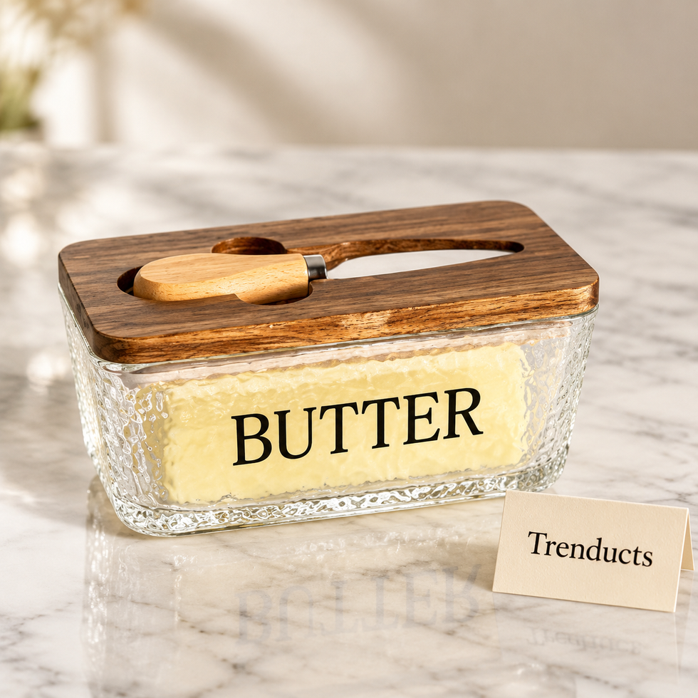Glass Butter Dish with Wooden Lid and Butter Knife