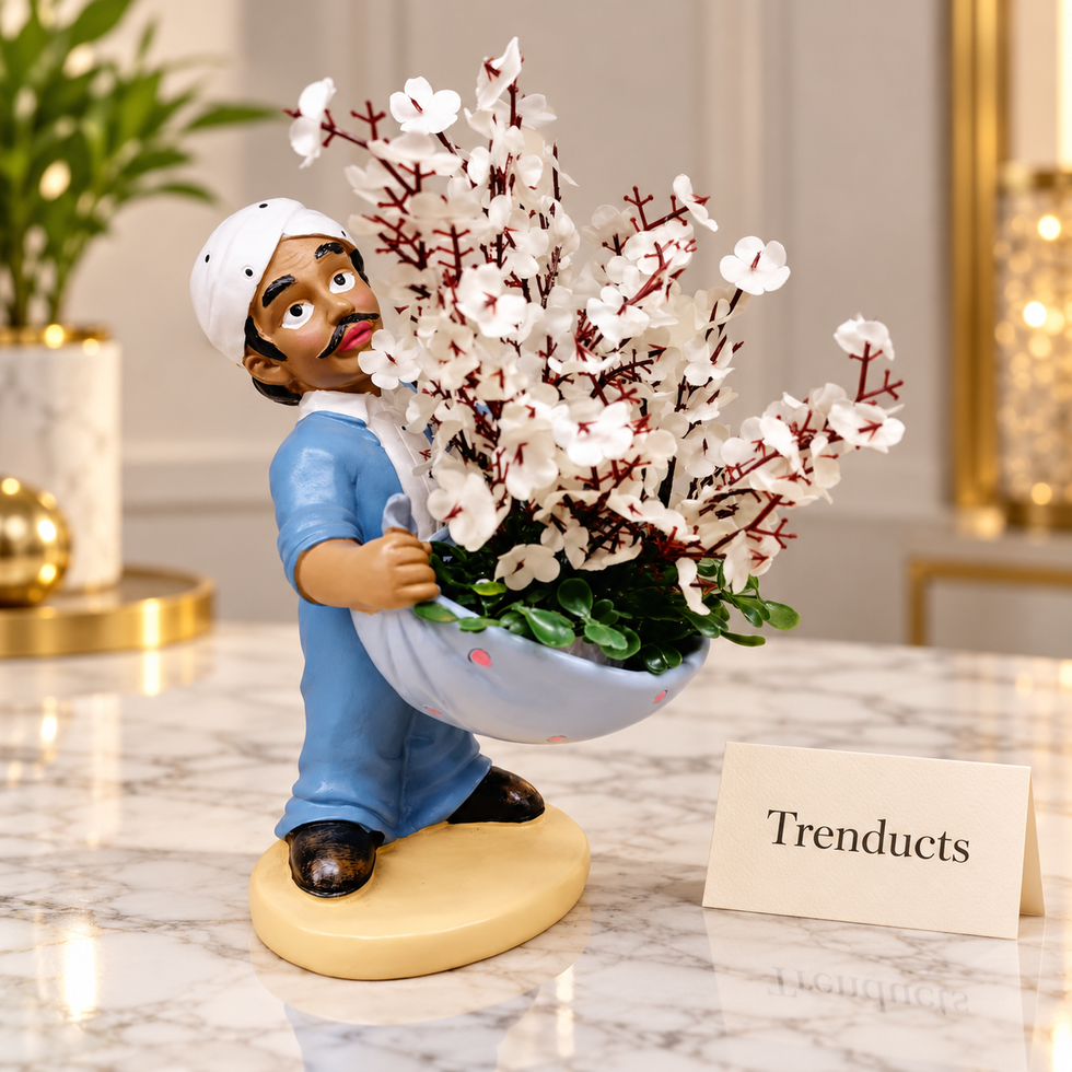 Man Figurine Flower Planter with Artificial White Blossoms