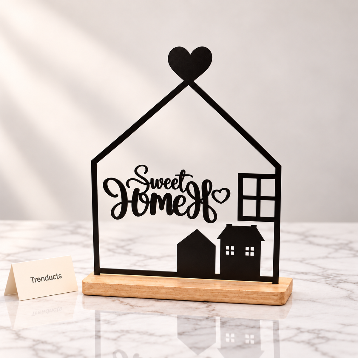 Sweet Home Table Decor - Black Metal House on Wood Base