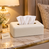 PU Leather Tissue Box Holder - Cream White with Stitching