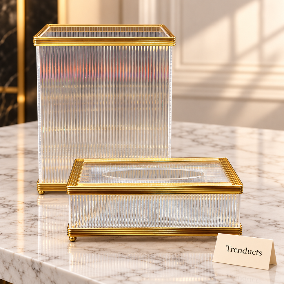 Ribbed Clear Tissue Box and Dustbin Set - Square, Gold Trim