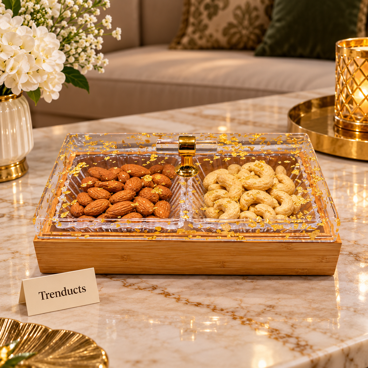 Bamboo Dry Fruit Tray with Acrylic Lid - 2 Sections