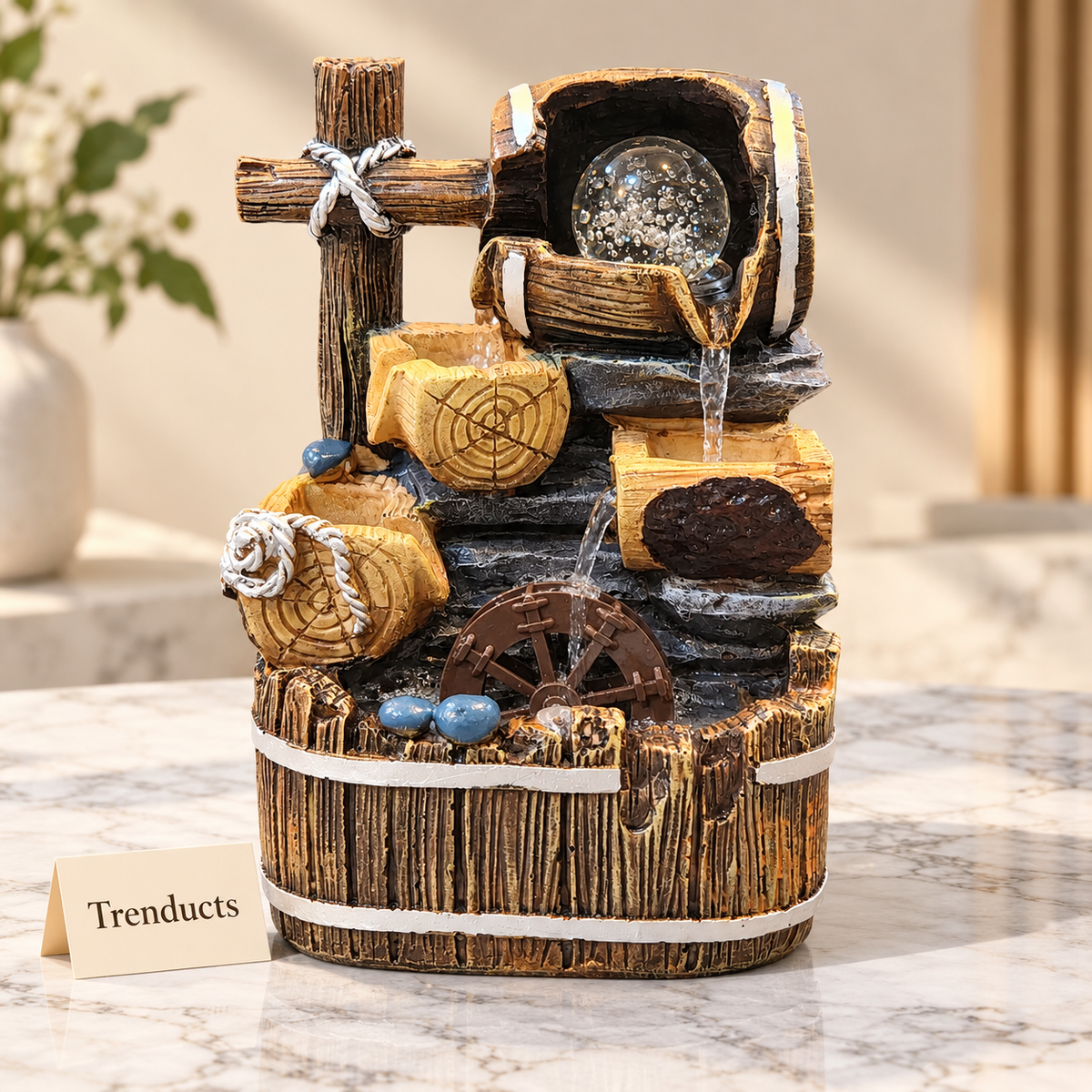 Cascade Tabletop Water Fountain - Rustic Barrel Design