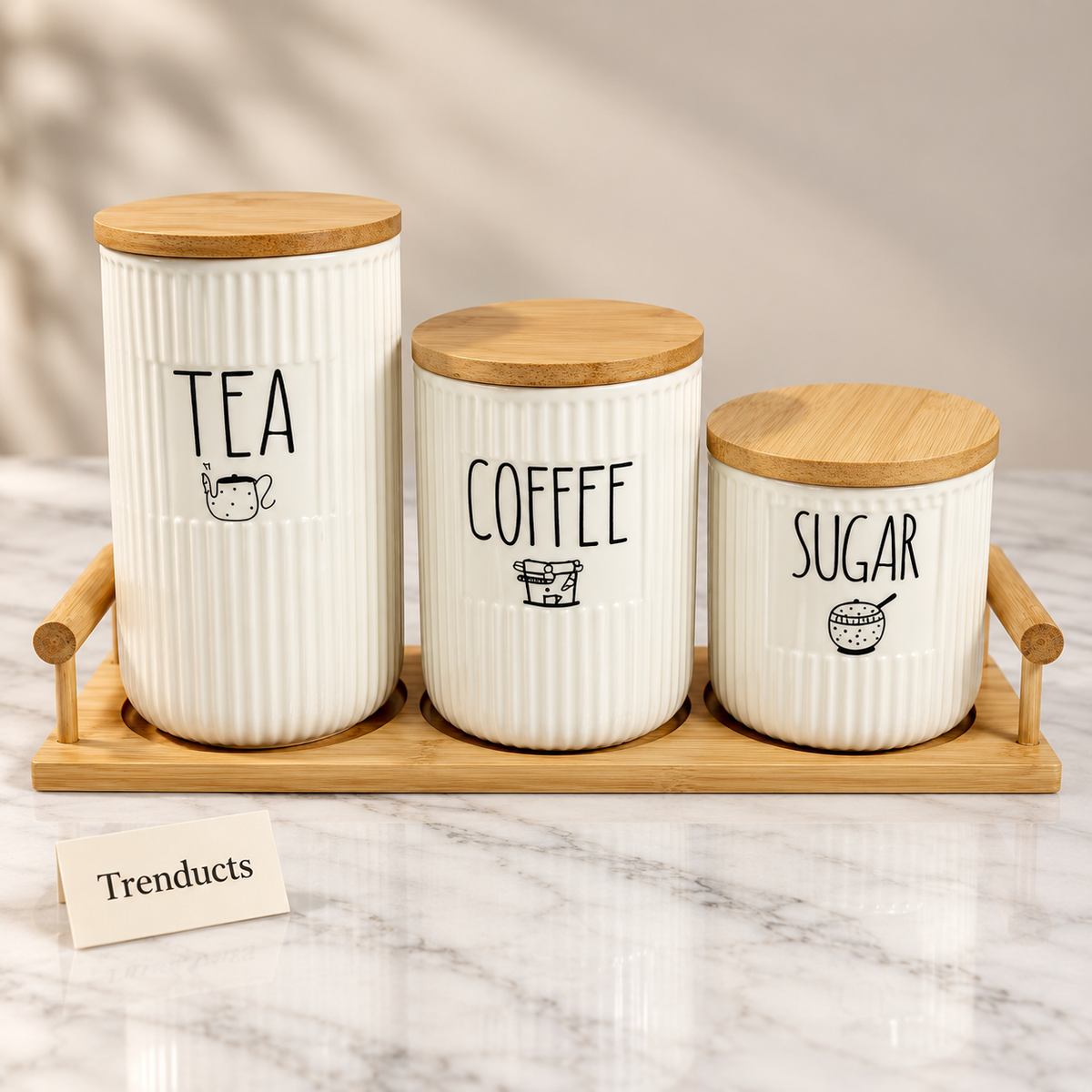 Luxury Ceramic Ribbed Tea Coffee Sugar Canisters Set - White with Tray