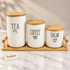 Luxury Ceramic Ribbed Tea Coffee Sugar Canisters Set - White with Tray