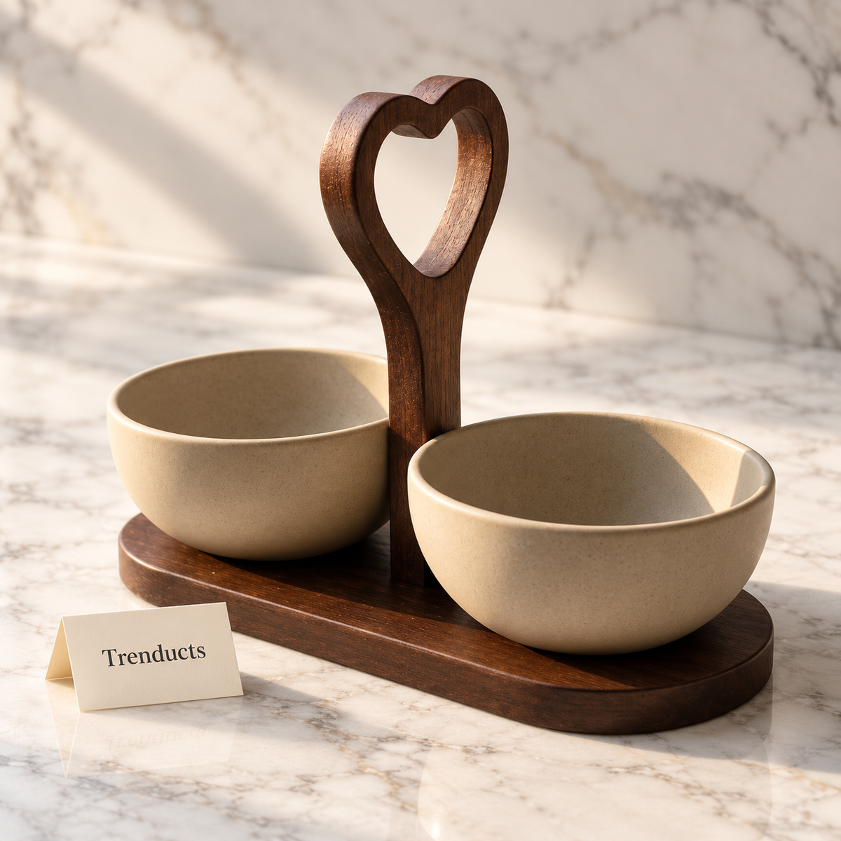 Ceramic Bowl Set with Wooden Heart Handle Tray - 2 Bowls