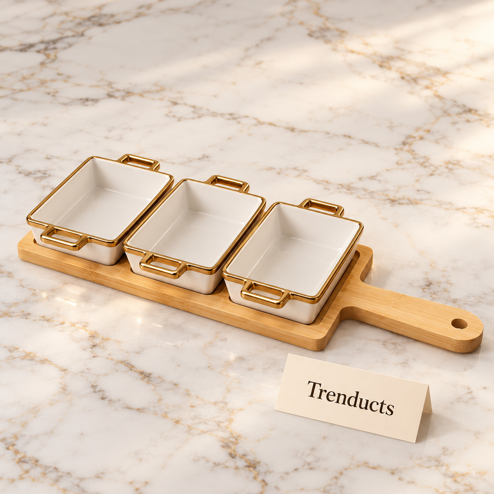 Ceramic Snack Dish Set with Bamboo Paddle Board - Gold Handles
