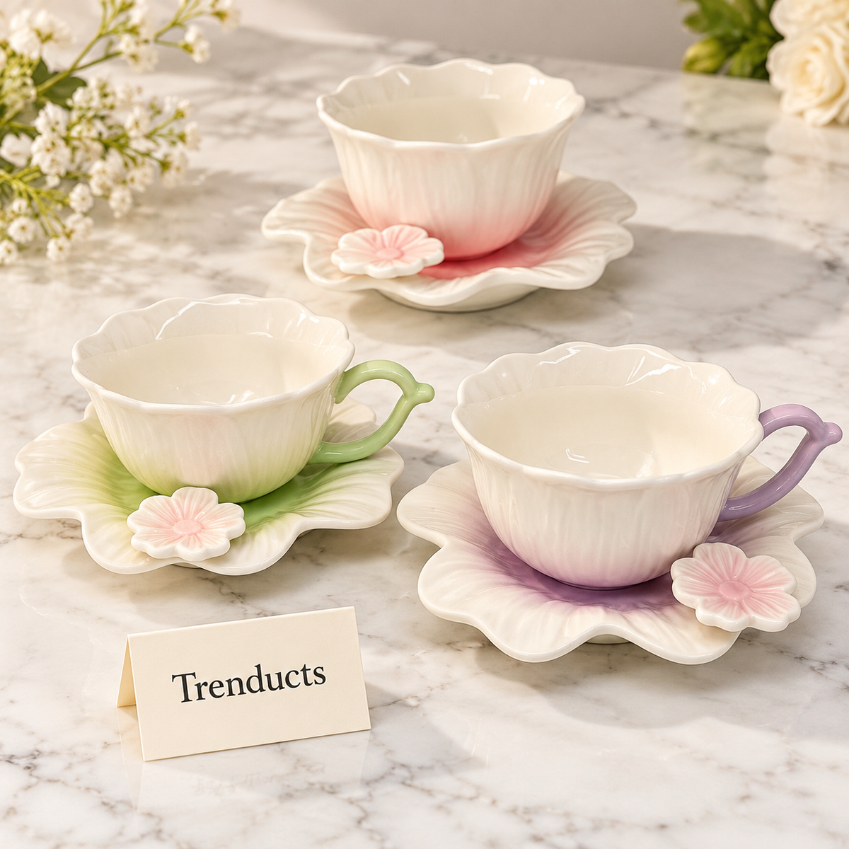 Ceramic Flower Cup and Saucer Set - Pastel Petal Design (each)
