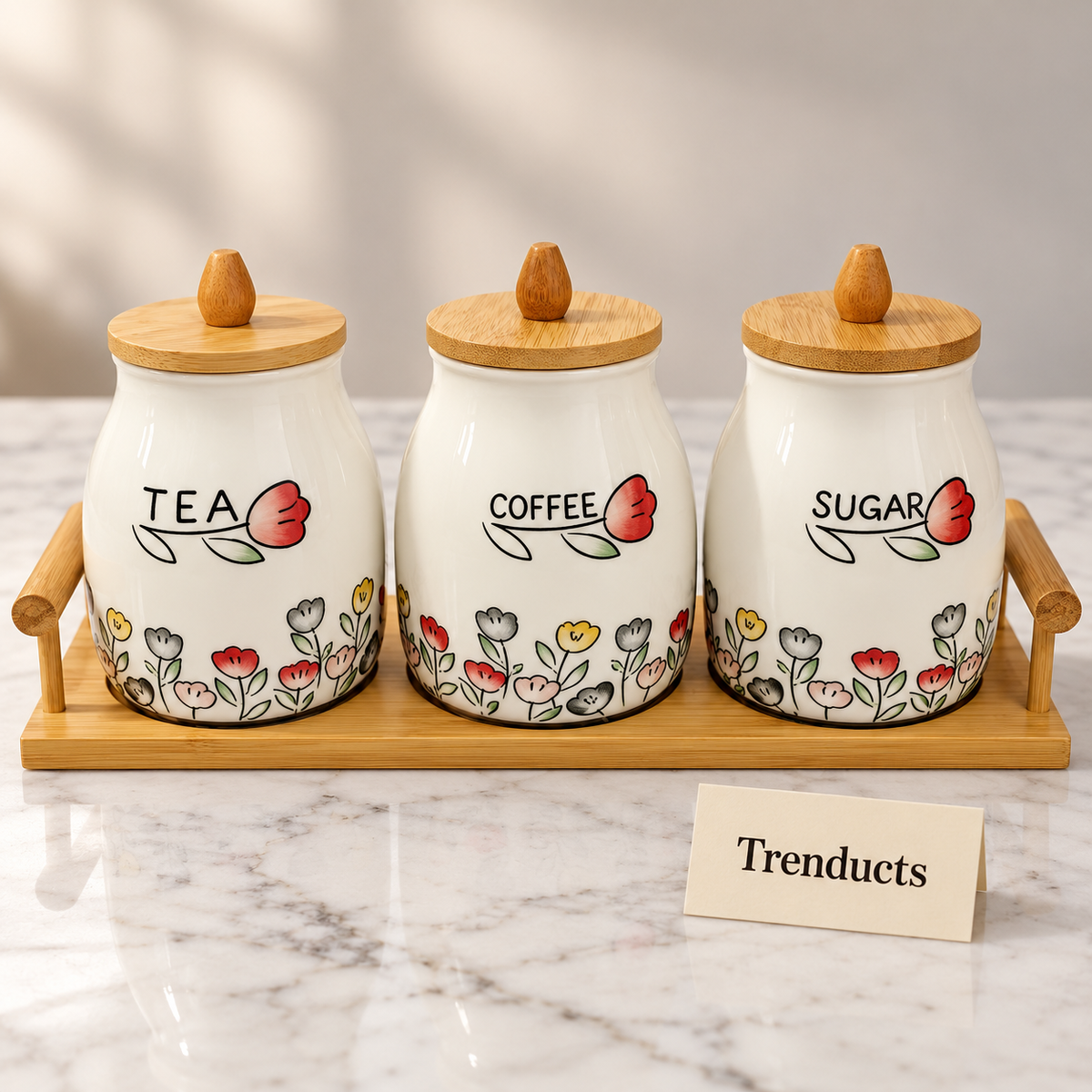 Ceramic floral Coffee Tea Sugar Canister Set - Equal Jars & Tray