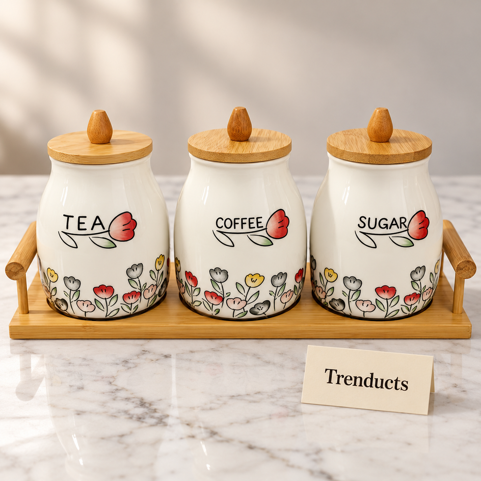 Ceramic floral Coffee Tea Sugar Canister Set - Equal Jars & Tray