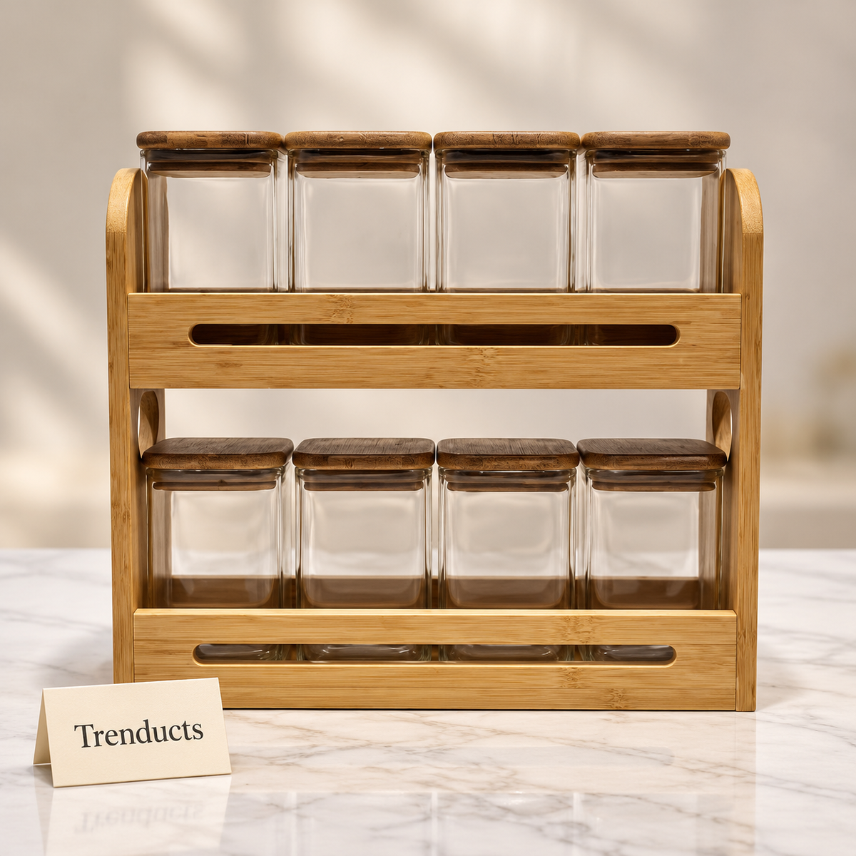 Premium Bamboo Spice Rack 2 Tier with 8 Glass Jars - Spice Jar Set