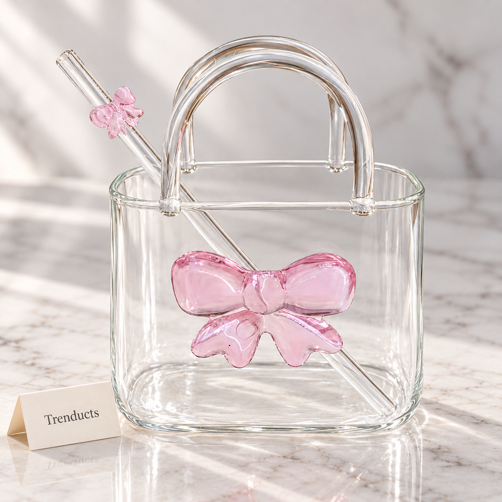 Glass Handbag Mug with Glass Straw - Pink 3D Bow Design