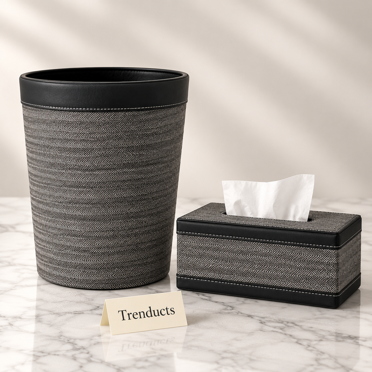Premium Texture Tissue Box & Dustbin - Grey Herringbone