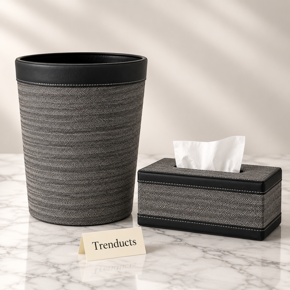 Premium Texture Tissue Box & Dustbin - Grey Herringbone