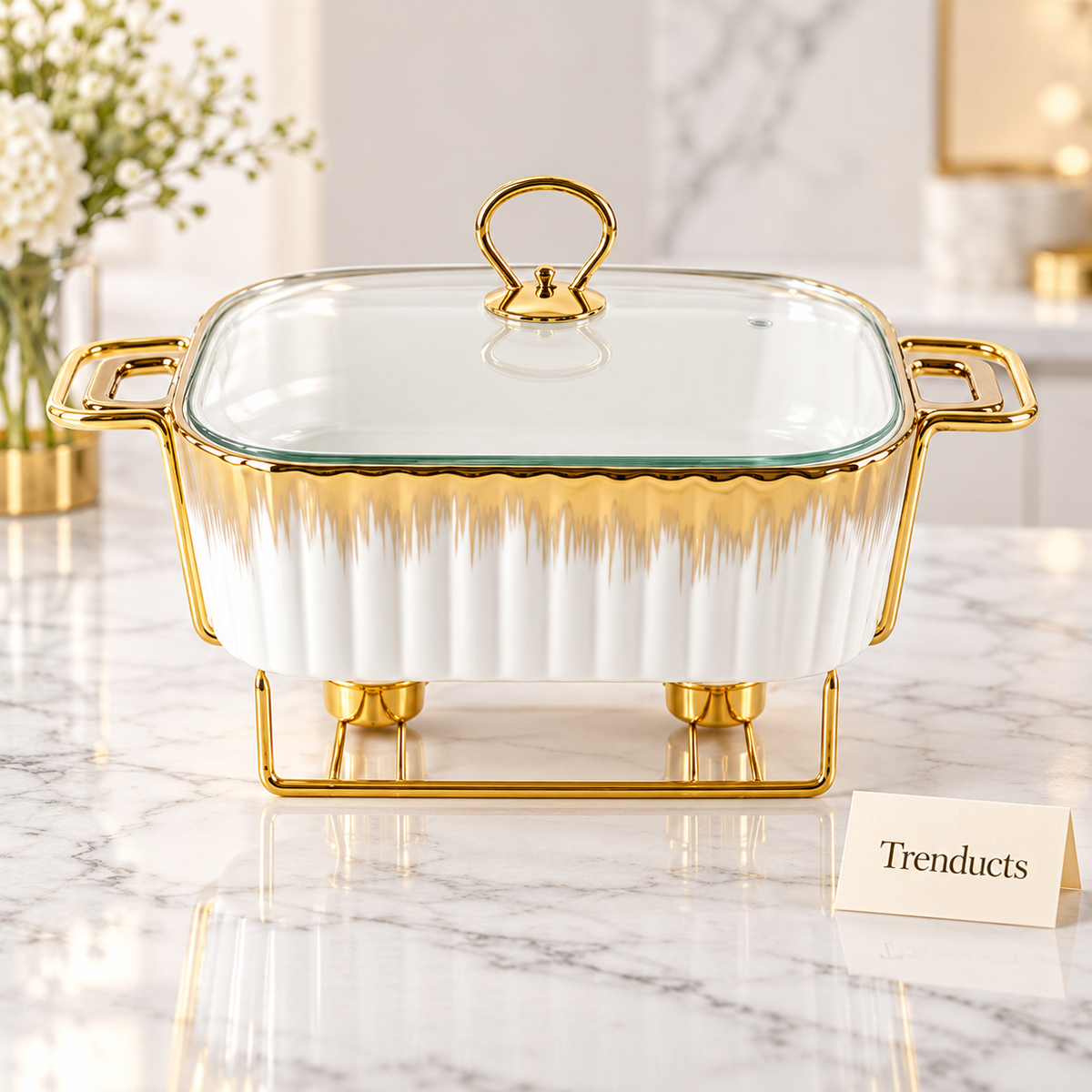 Brilliant Fluted Ceramic Casserole with Gold Stand