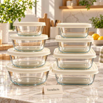 Square glass food containers with cream lids stacked | Trenducts
