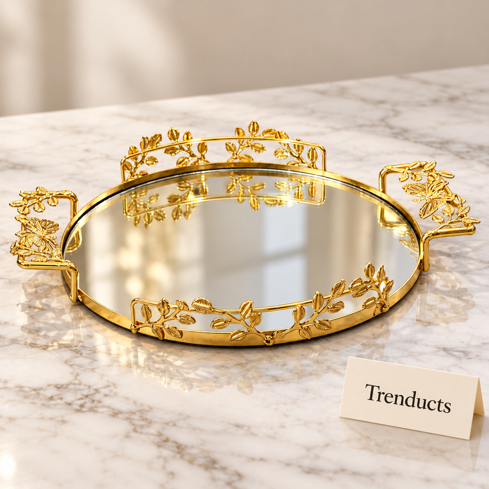 Gold Oval Mirrored Tray - Leaf Detail Frame and Handles