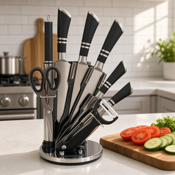 Stainless steel knife set with black handles on rotating stand in a kitchen - Trenducts