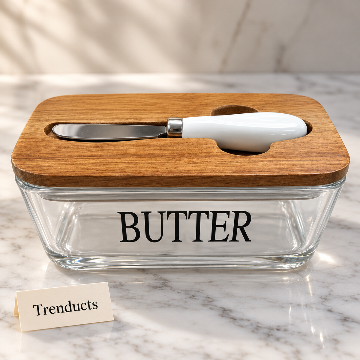 Premium Glass Butter Dish with Knife - Wooden Lid