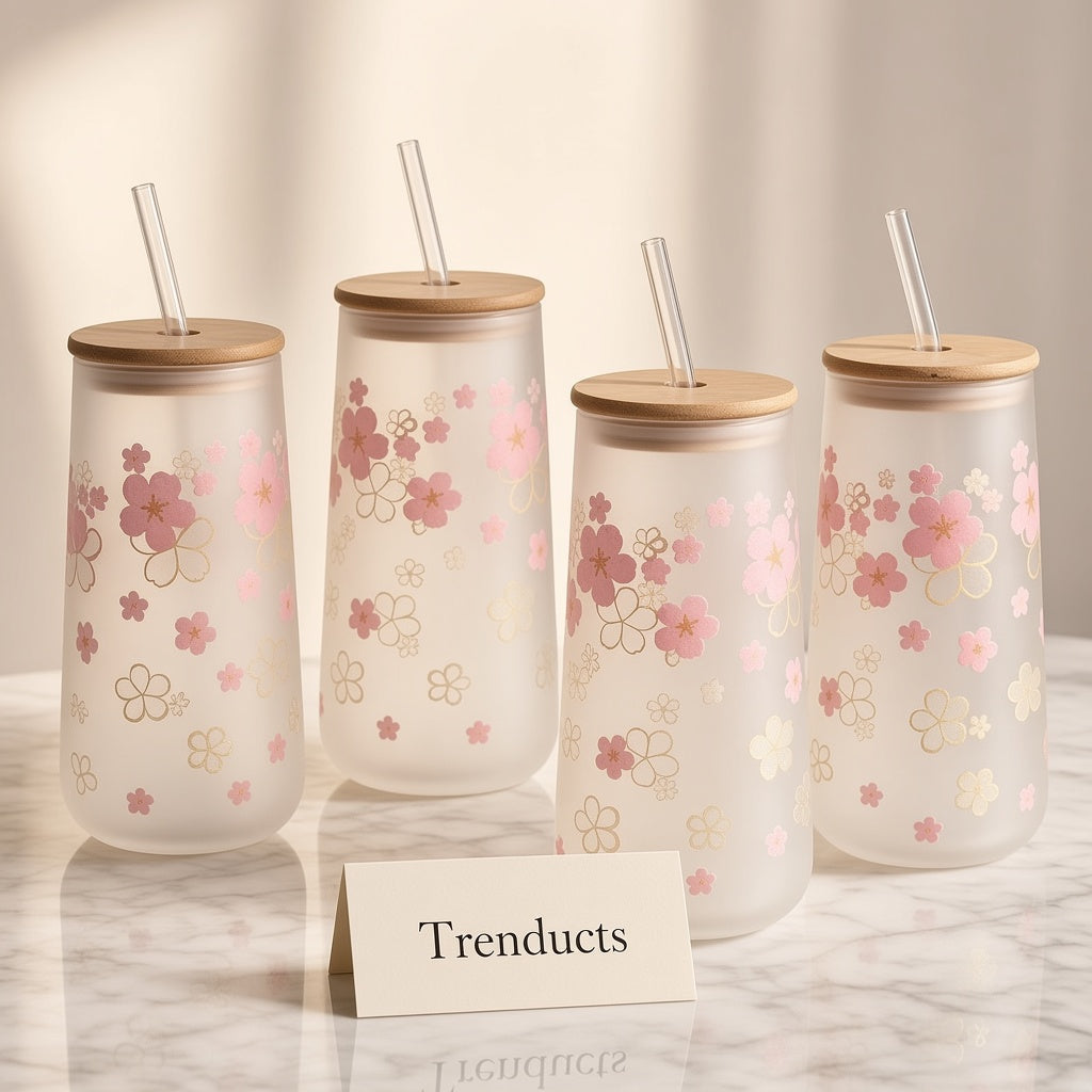 Floral Glass Tumbler with Lid and Straw - Frosted Cup