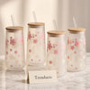 Floral Glass Tumbler with Lid and Straw - Frosted Cup