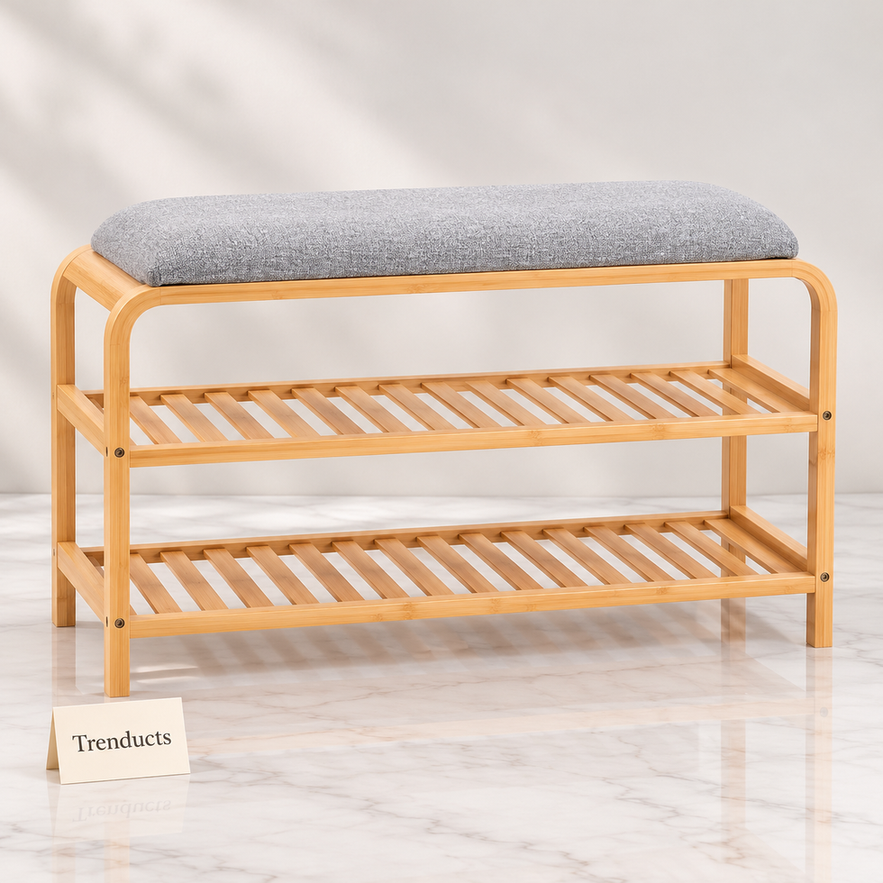 Bamboo Shoe Bench - 2 Shelves with Grey Cushion