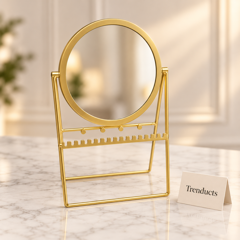 Elegant Gold Table Mirror - Round with Jewellery Rail