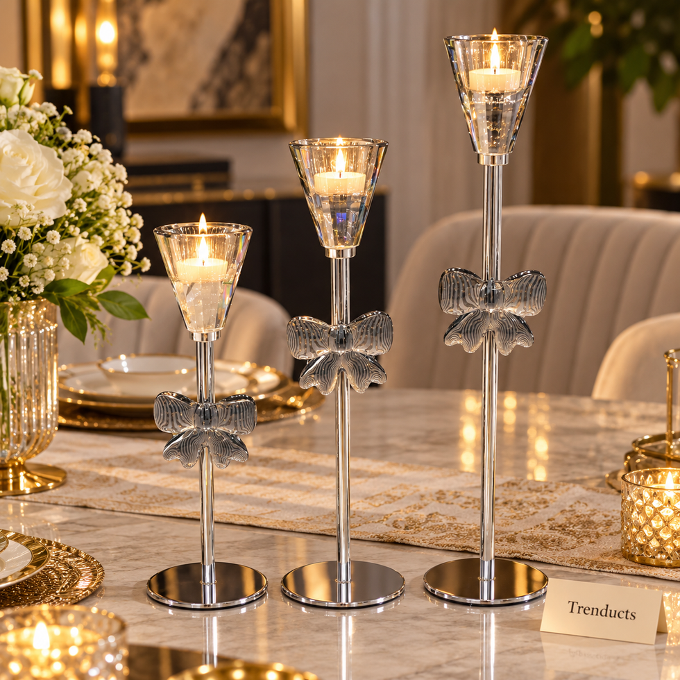 Metal Candle Stand Set of 3 with Glass Bows - Silver