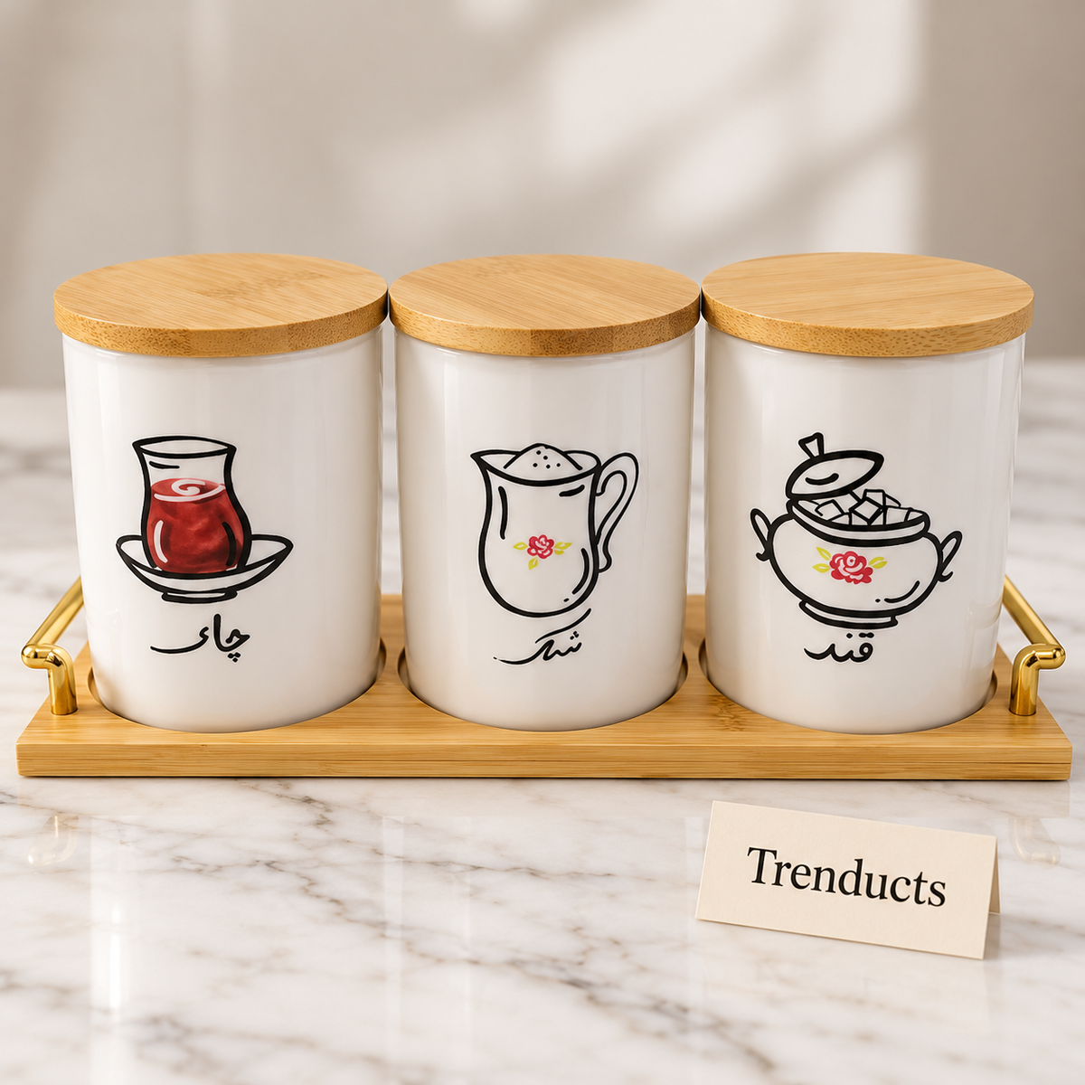 Ceramic Decorative Tea Coffee Sugar Canisters - Bamboo Tray