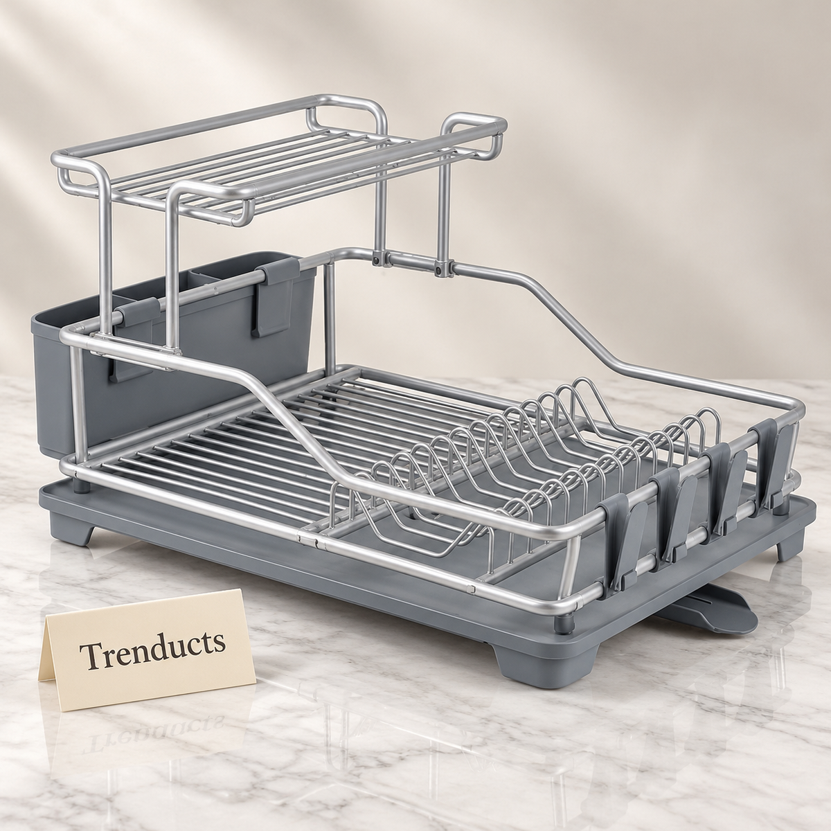 Premium Two Tier Dish Rack with Drain Tray - Grey and Silver